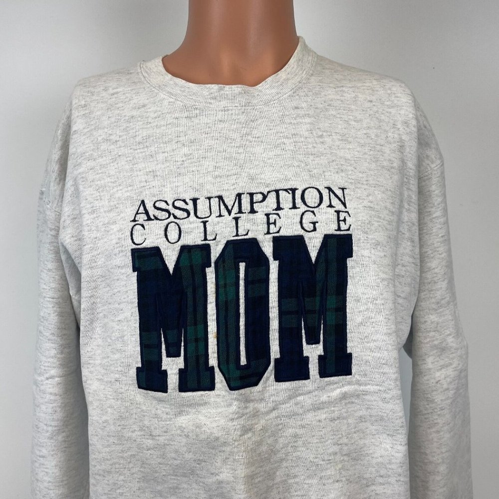 Assumption College Mom Plaid Embroidered Crewneck Sweatshirt Vtg 90s Made USA L